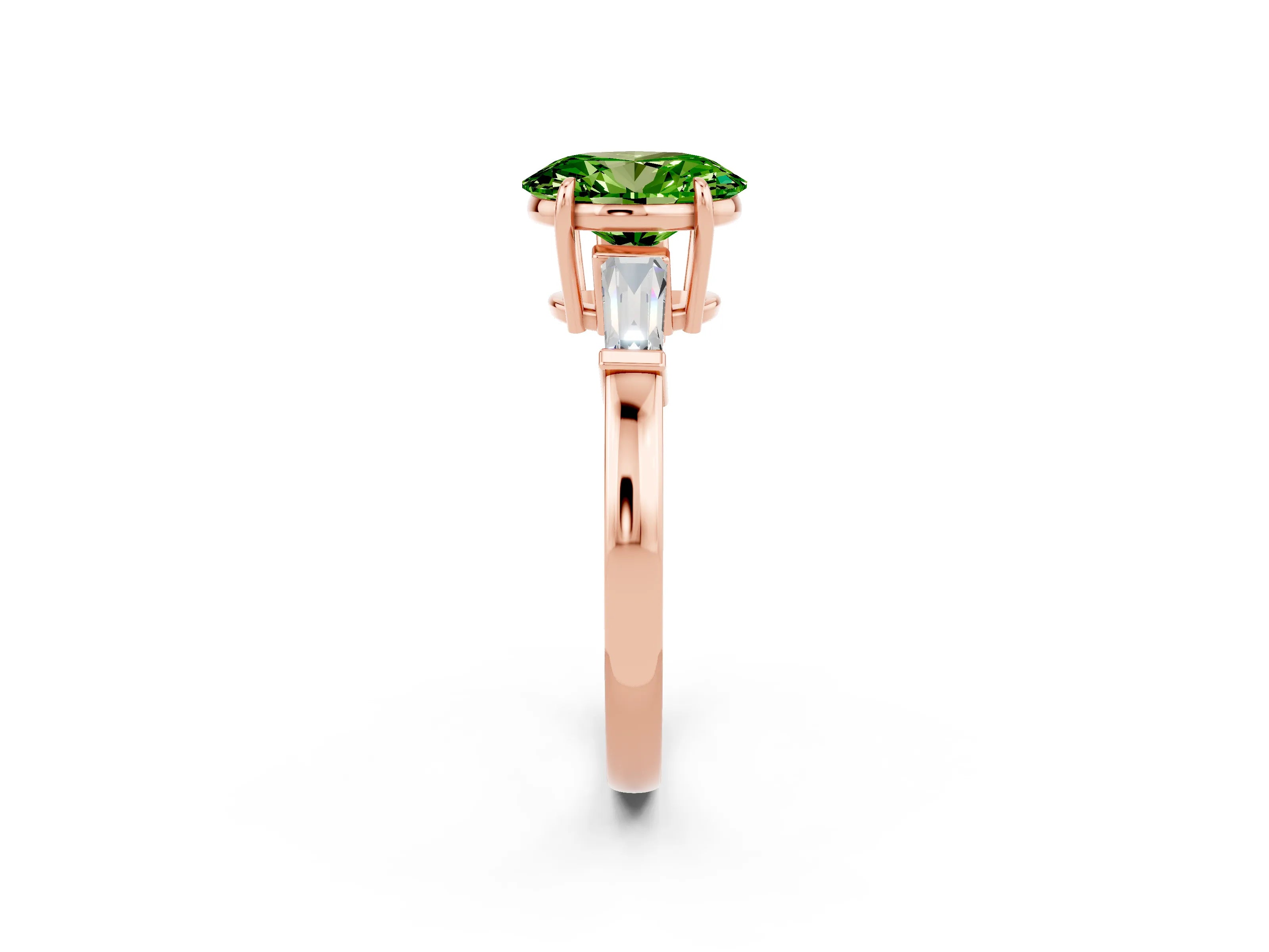 Rose gold Oval Cut Cut Diamond Ring with Tapered Baguette Side Stones in Four-Prong Setting_2