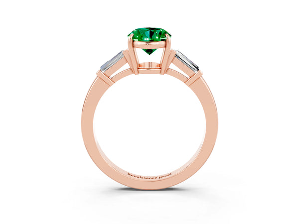 Rose gold Oval Cut Emerald Three-Stone Ring with Tapered Baguette Side Stones and Prong Setting