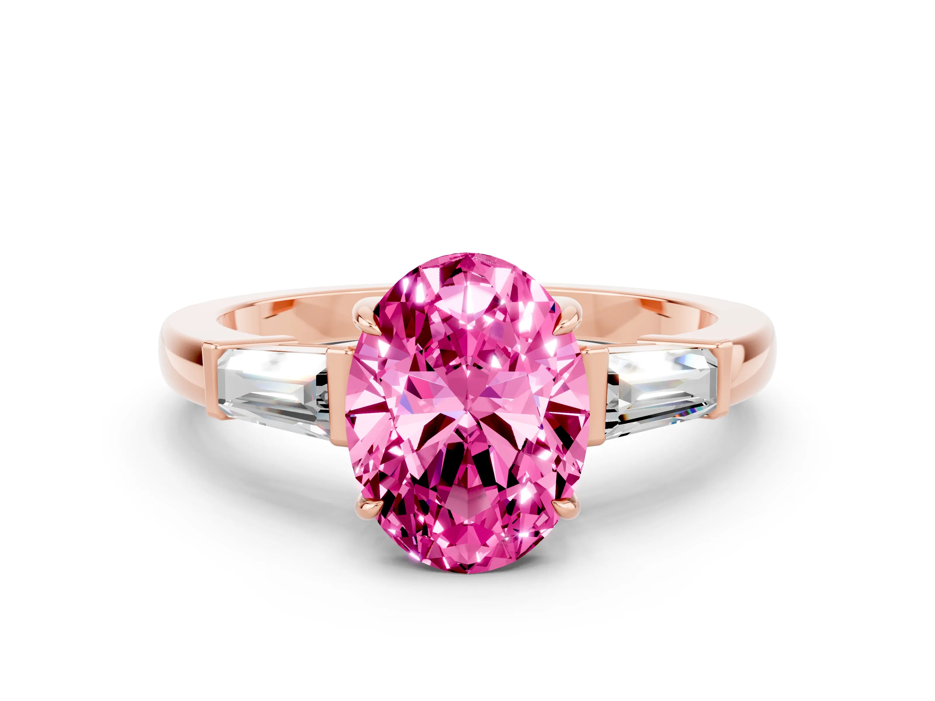 Rose gold Oval Cut Cut Diamond Ring with Tapered Baguette Side Stones in Four-Prong Setting