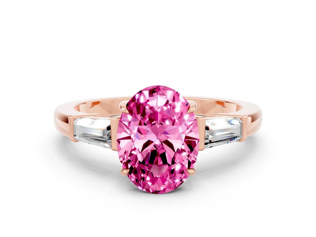 Rose gold Oval Cut Cut Diamond Ring with Tapered Baguette Side Stones in Four-Prong Setting