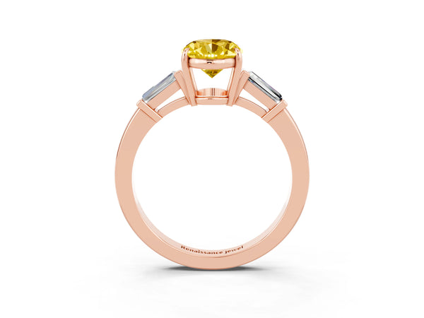Rose gold Oval Cut Yellow Sapphire Three-Stone Ring with Tapered Baguette Side Stones and Prong Setting
