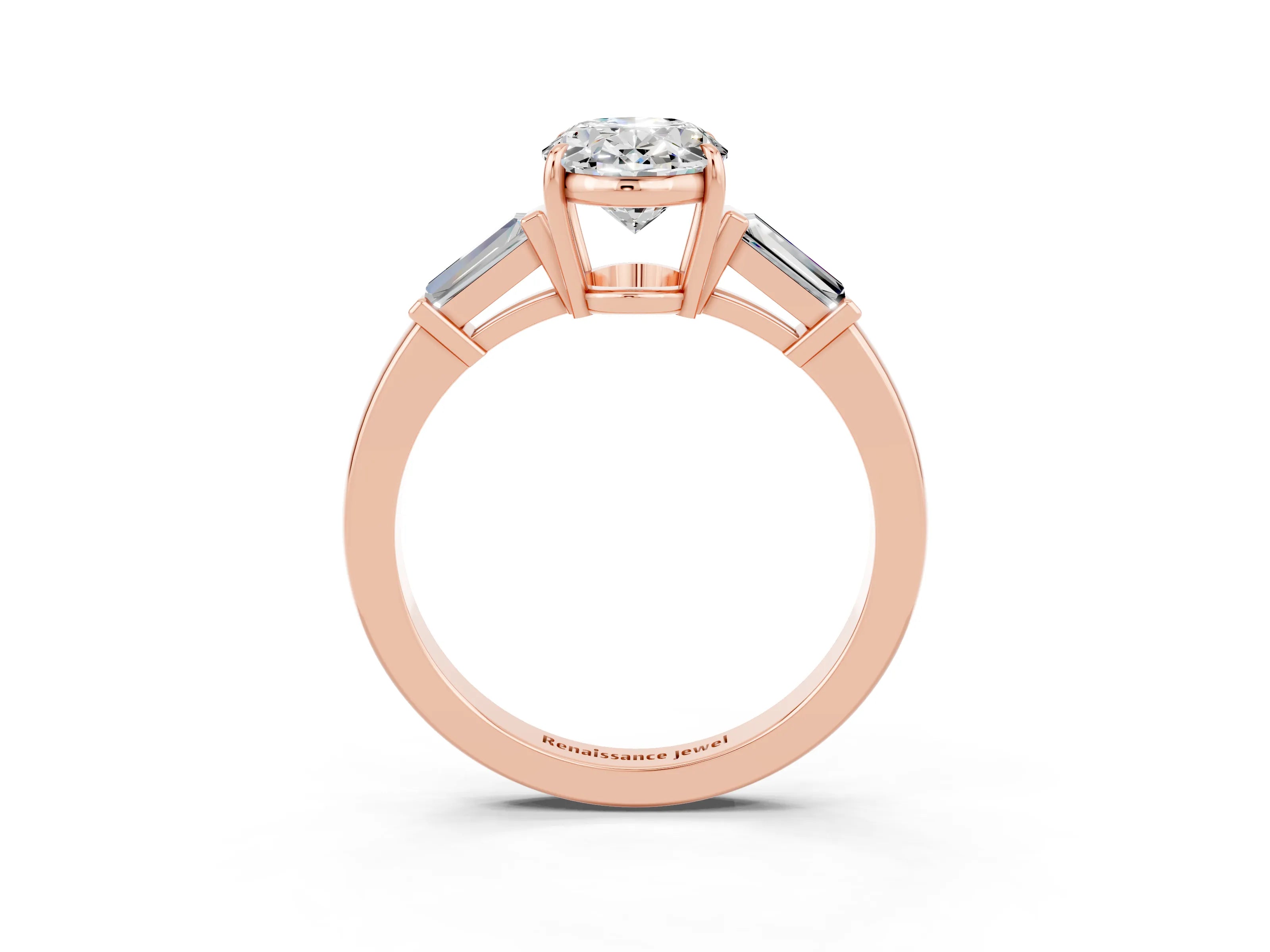 Rose gold Oval Cut Cut Diamond Ring with Tapered Baguette Side Stones in Four-Prong Setting_3