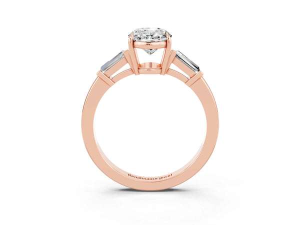 Rose gold Oval Cut Moissanite Three-Stone Ring with Tapered Baguette Side Stones and Prong Setting
