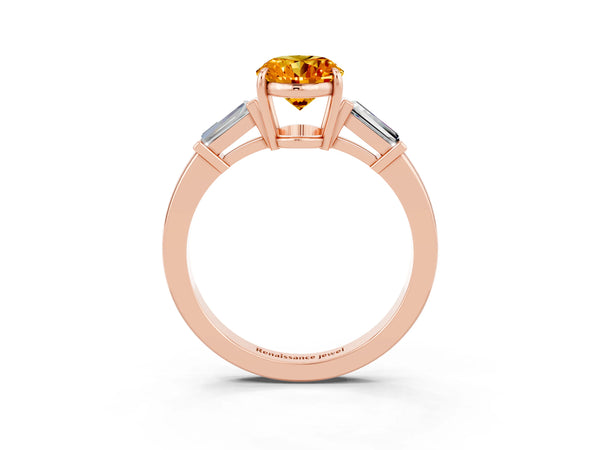 Rose gold Oval Cut Citrine Three-Stone Ring with Tapered Baguette Side Stones and Prong Setting