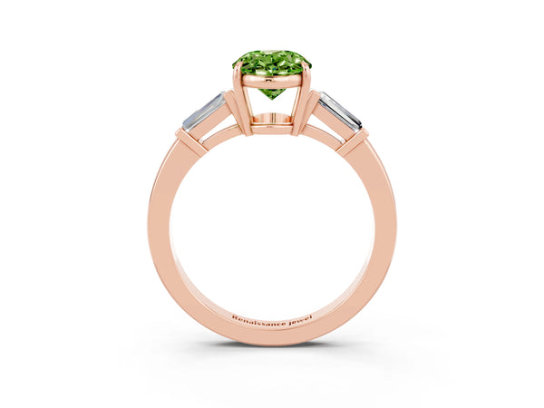 Rose gold Oval Cut Cut Diamond Ring with Tapered Baguette Side Stones in Four-Prong Setting