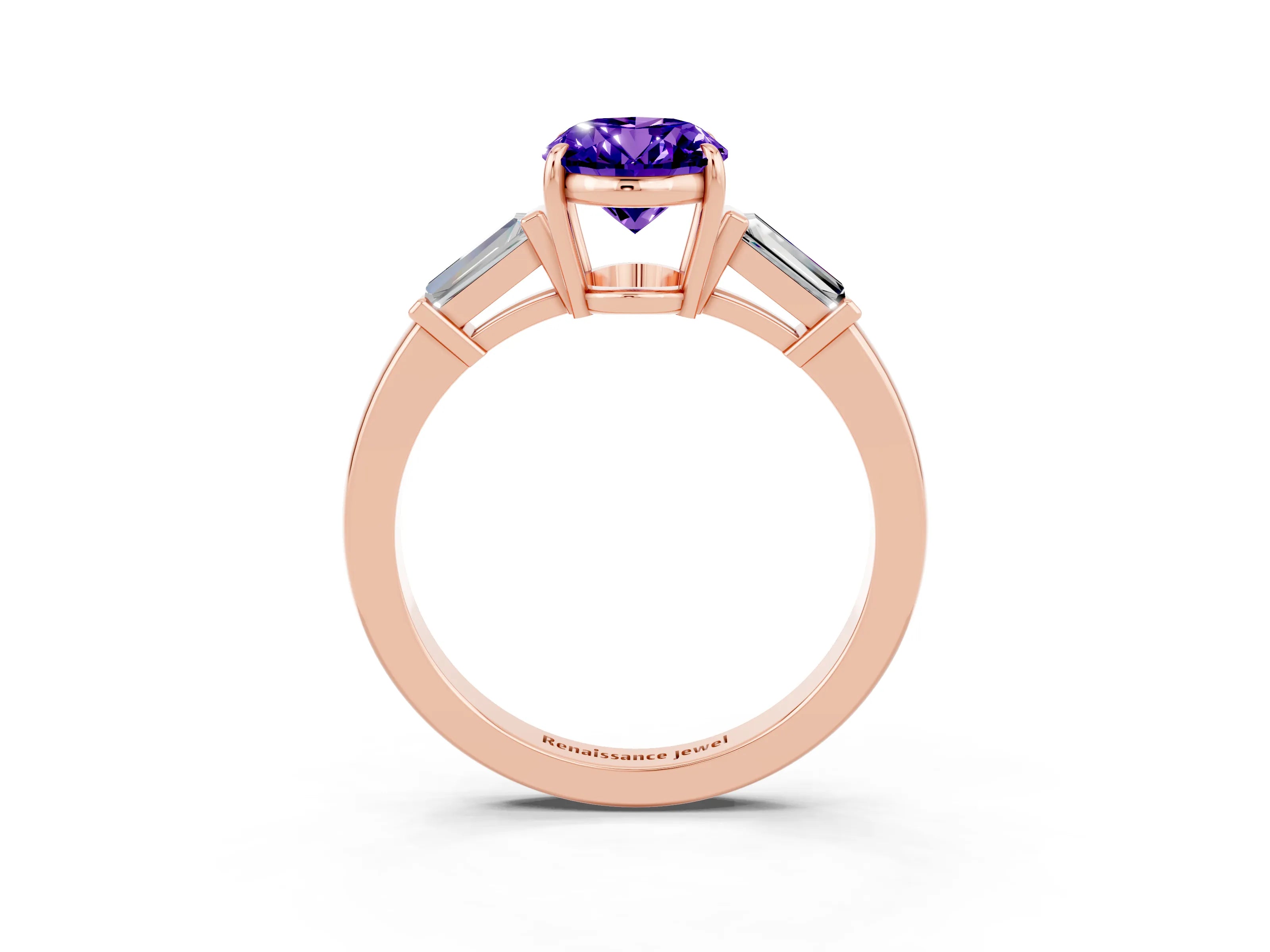 Rose gold Oval Cut Cut Diamond Ring with Tapered Baguette Side Stones in Four-Prong Setting_3