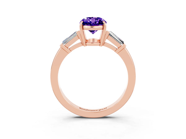 Rose gold Oval Cut Tanzanite Three-Stone Ring with Tapered Baguette Side Stones and Prong Setting