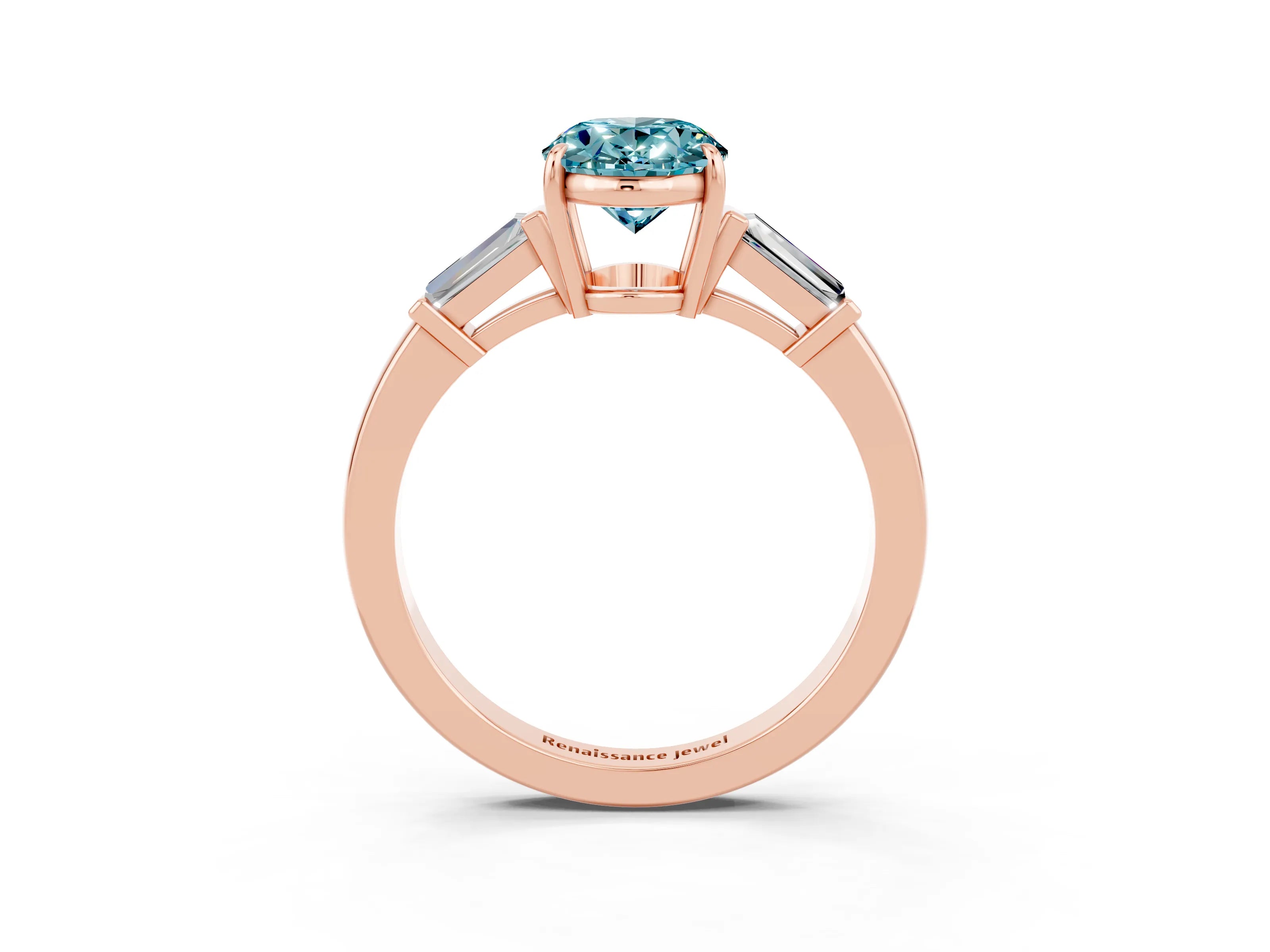 Rose gold Oval Cut Cut Diamond Ring with Tapered Baguette Side Stones in Four-Prong Setting_3