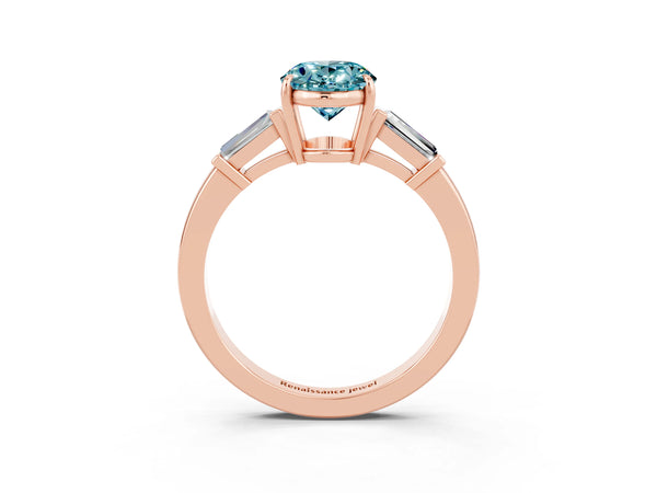 Rose gold Oval Cut Cut Diamond Ring with Tapered Baguette Side Stones in Four-Prong Setting