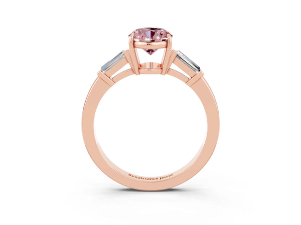 Rose gold Oval Cut Cut Diamond Ring with Tapered Baguette Side Stones in Four-Prong Setting