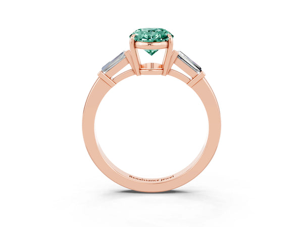 Rose gold Oval Cut Green Sapphire Three-Stone Ring with Tapered Baguette Side Stones and Prong Setting