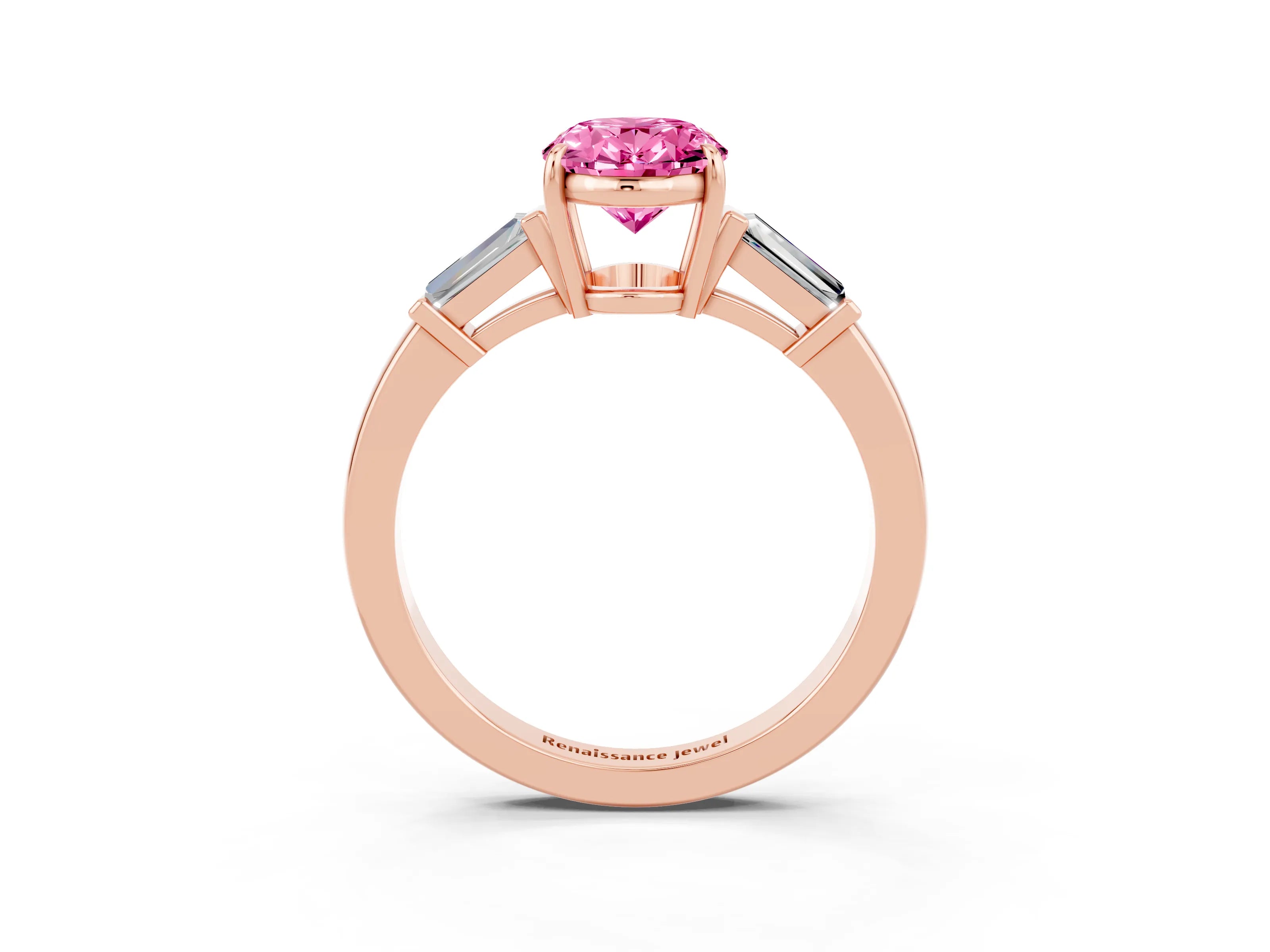 Rose gold Oval Cut Cut Diamond Ring with Tapered Baguette Side Stones in Four-Prong Setting_3