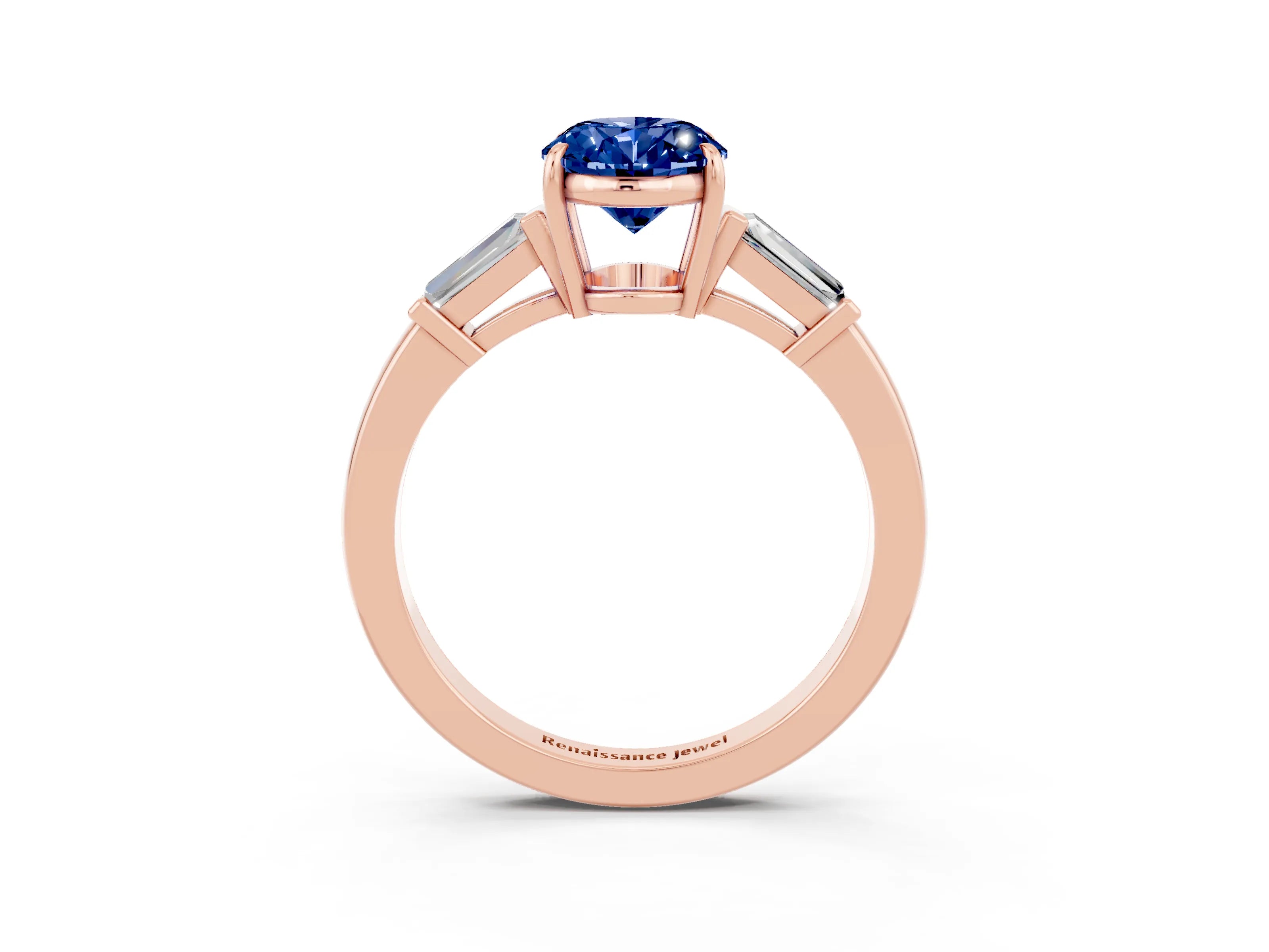 Rose gold Oval Cut Cut Diamond Ring with Tapered Baguette Side Stones in Four-Prong Setting_3