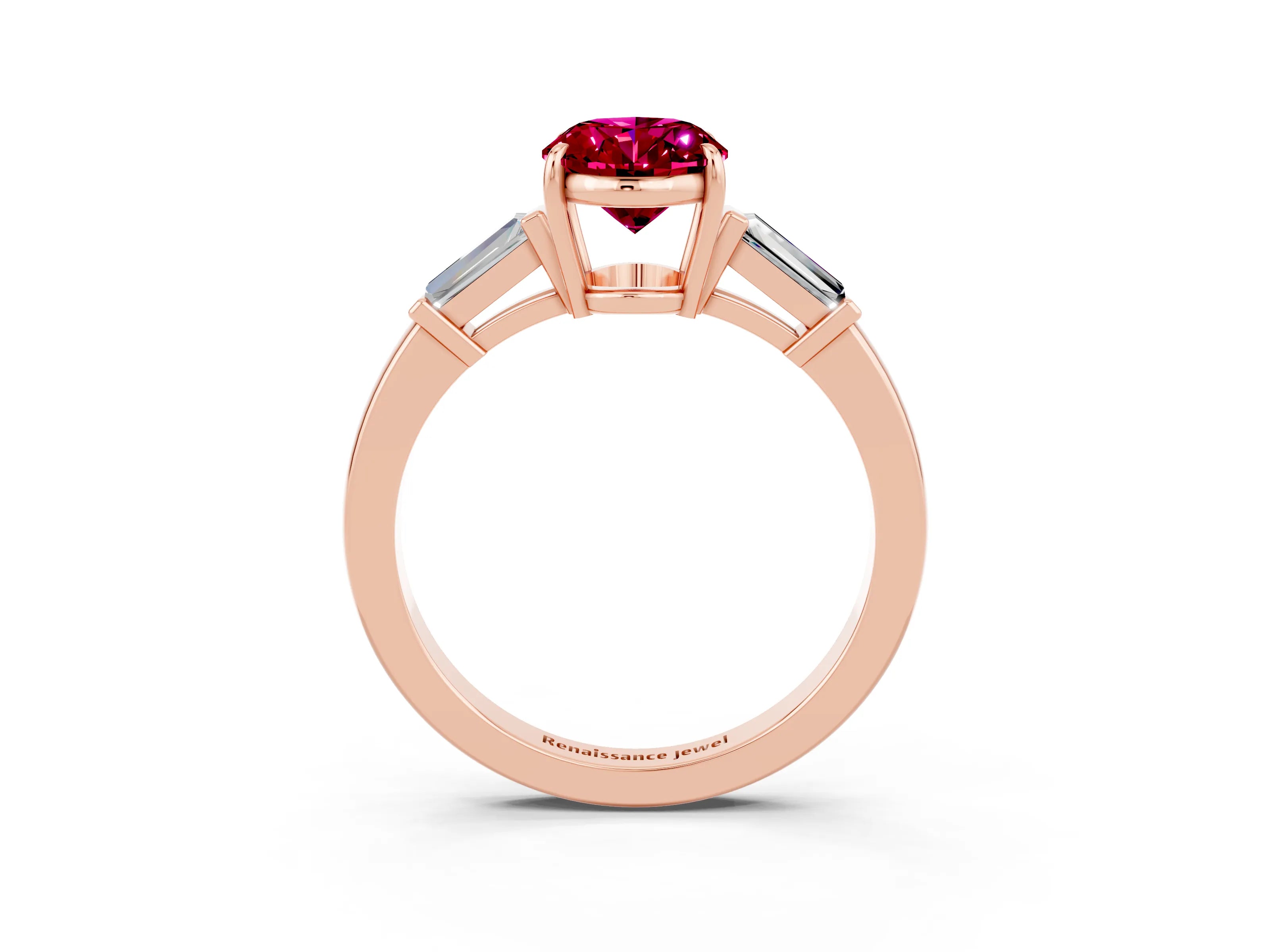 Rose gold Oval Cut Cut Diamond Ring with Tapered Baguette Side Stones in Four-Prong Setting_3