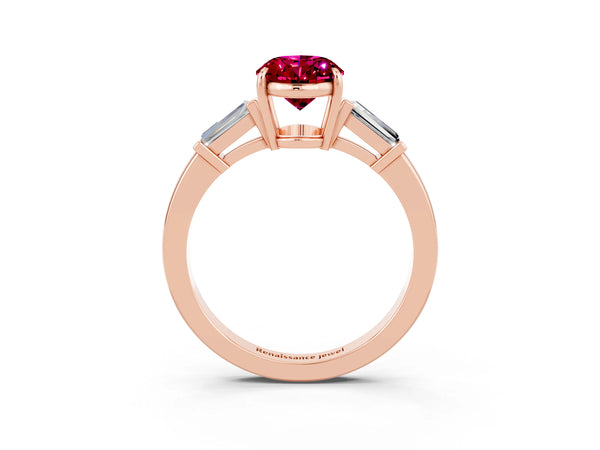 Rose gold Oval Cut Garnet Three-Stone Ring with Tapered Baguette Side Stones and Prong Setting