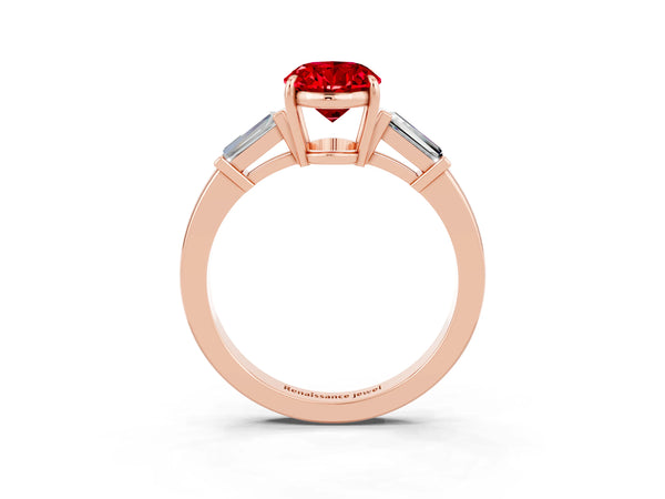 Rose gold Oval Cut Cut Diamond Ring with Tapered Baguette Side Stones in Four-Prong Setting