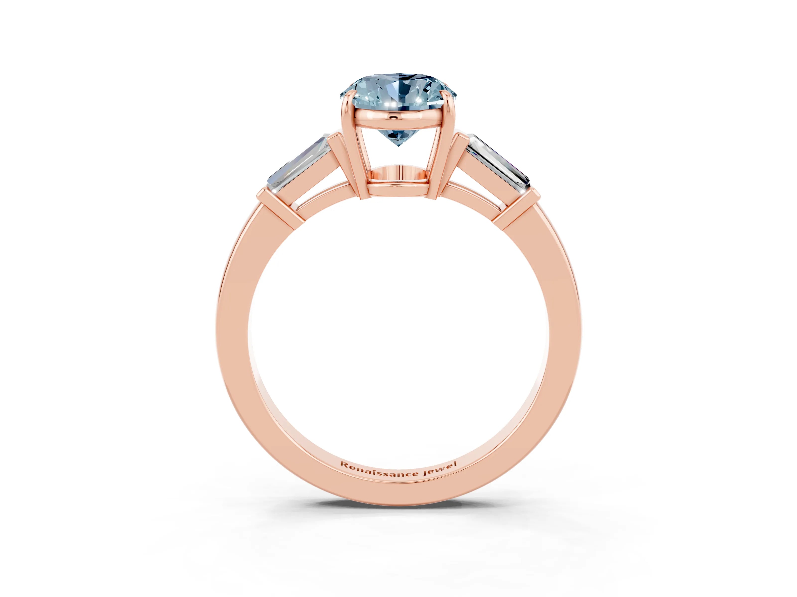 Rose gold Oval Cut Cut Diamond Ring with Tapered Baguette Side Stones in Four-Prong Setting_3