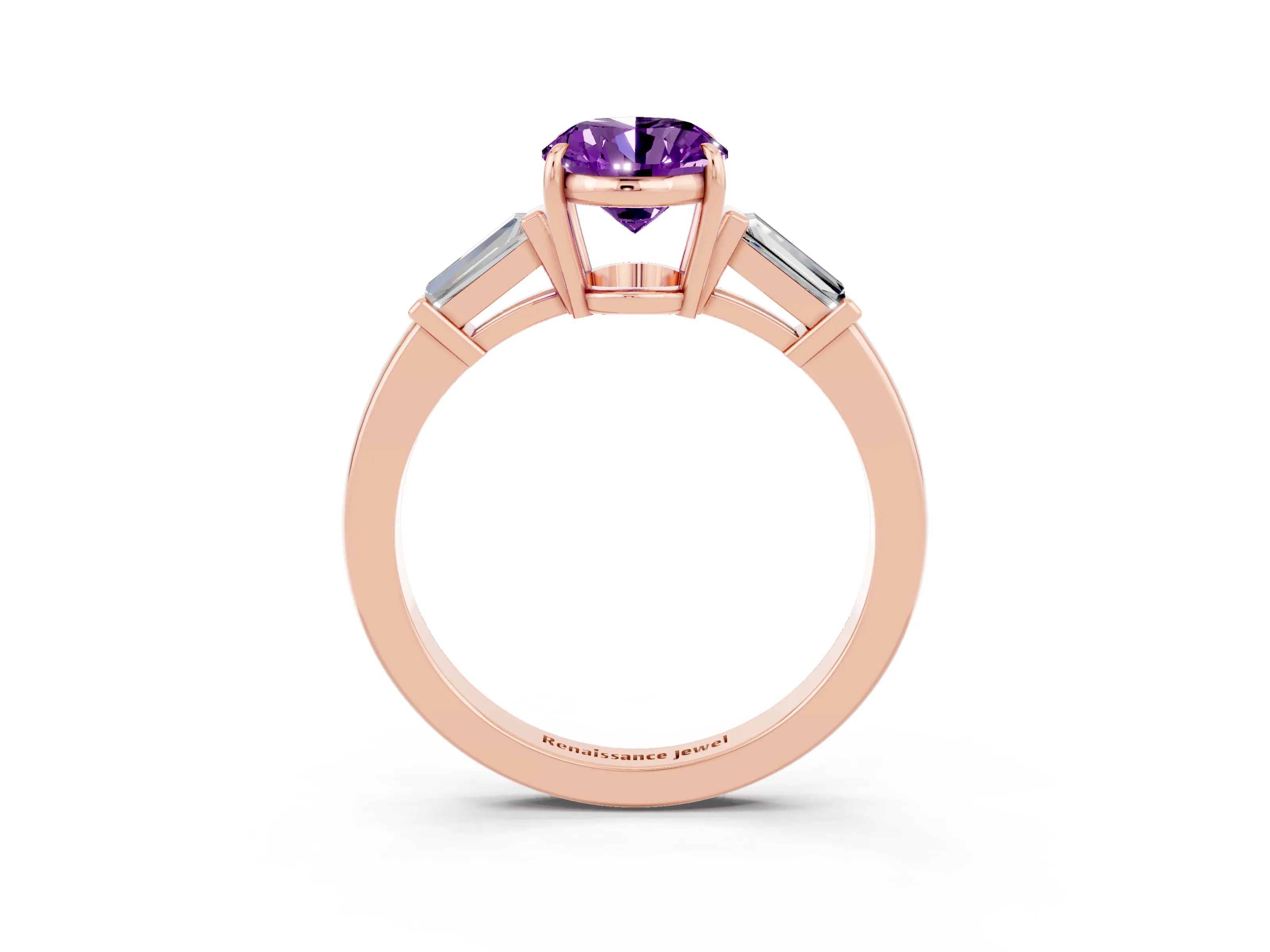 Rose gold Oval Cut Cut Diamond Ring with Tapered Baguette Side Stones in Four-Prong Setting_3