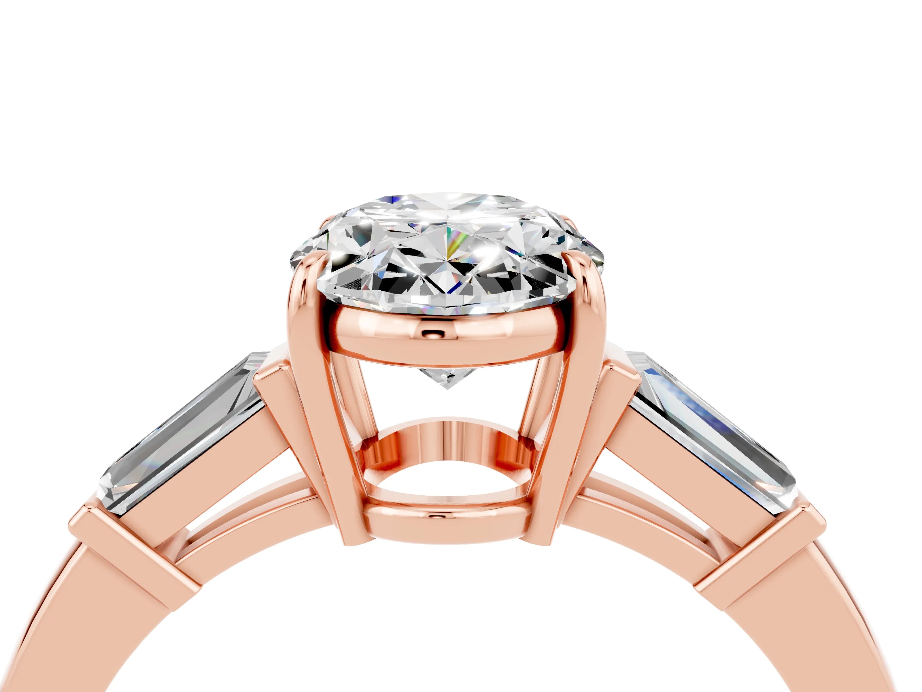 Rose gold Oval Cut Cut Diamond Ring with Tapered Baguette Side Stones in Four-Prong Setting_4