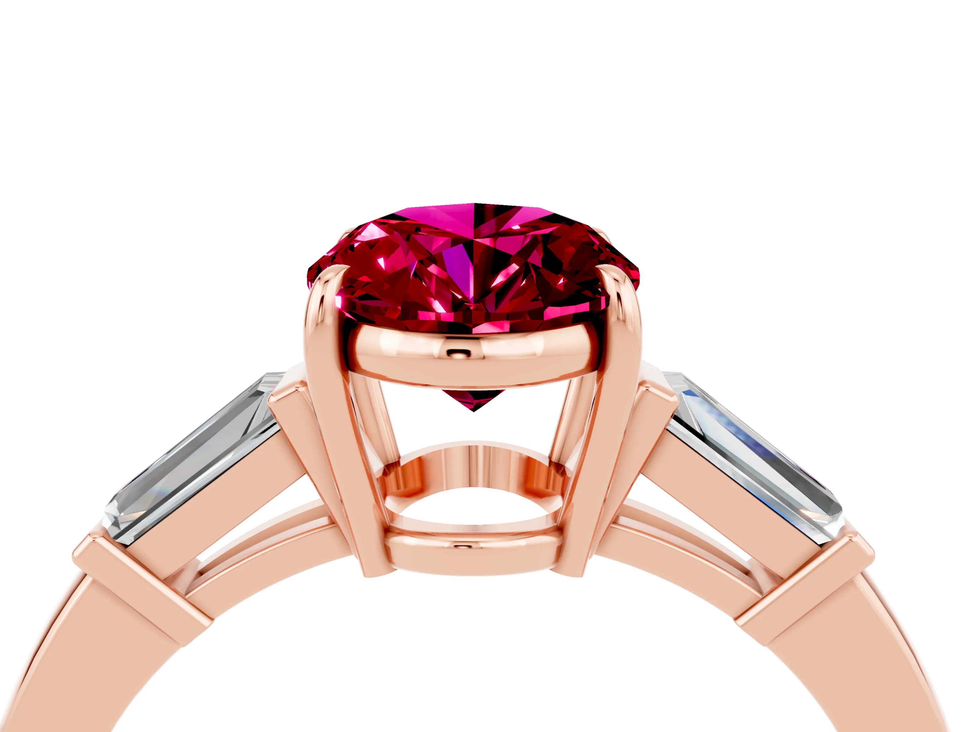 Rose gold Oval Cut Cut Diamond Ring with Tapered Baguette Side Stones in Four-Prong Setting_4
