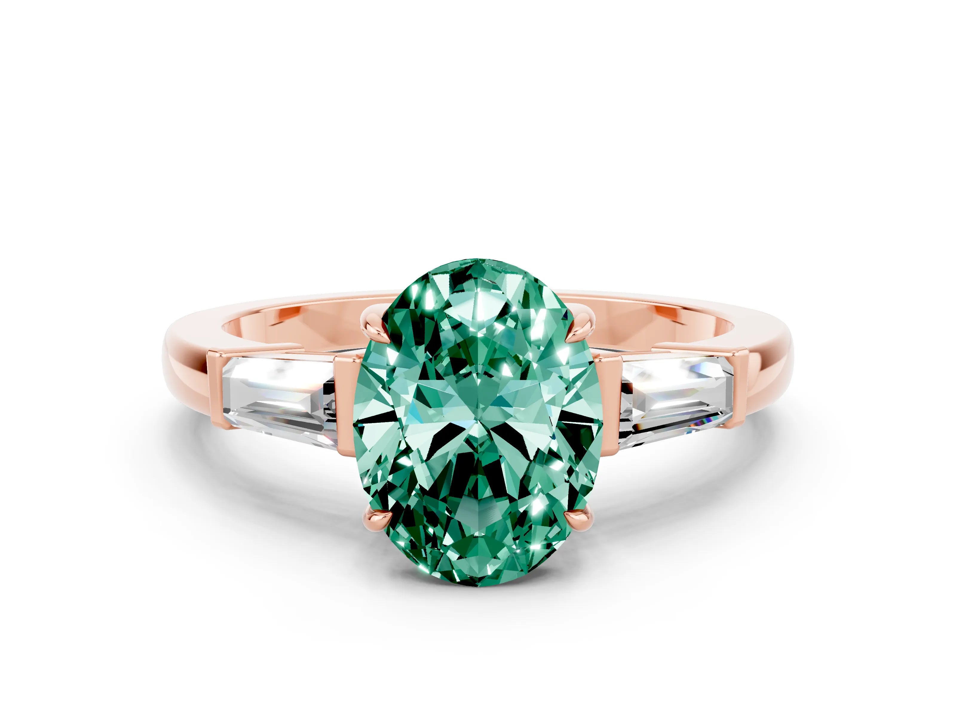 Rose gold Oval Cut Cut Diamond Ring with Tapered Baguette Side Stones in Four-Prong Setting