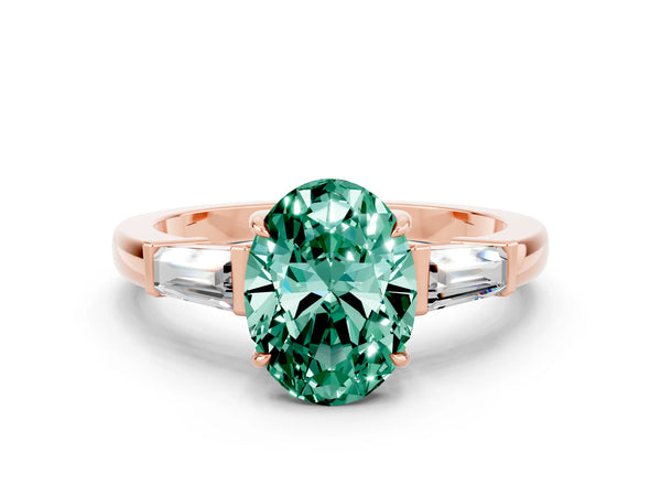 Rose gold Oval Cut Green Sapphire Three-Stone Ring with Tapered Baguette Side Stones and Prong Setting