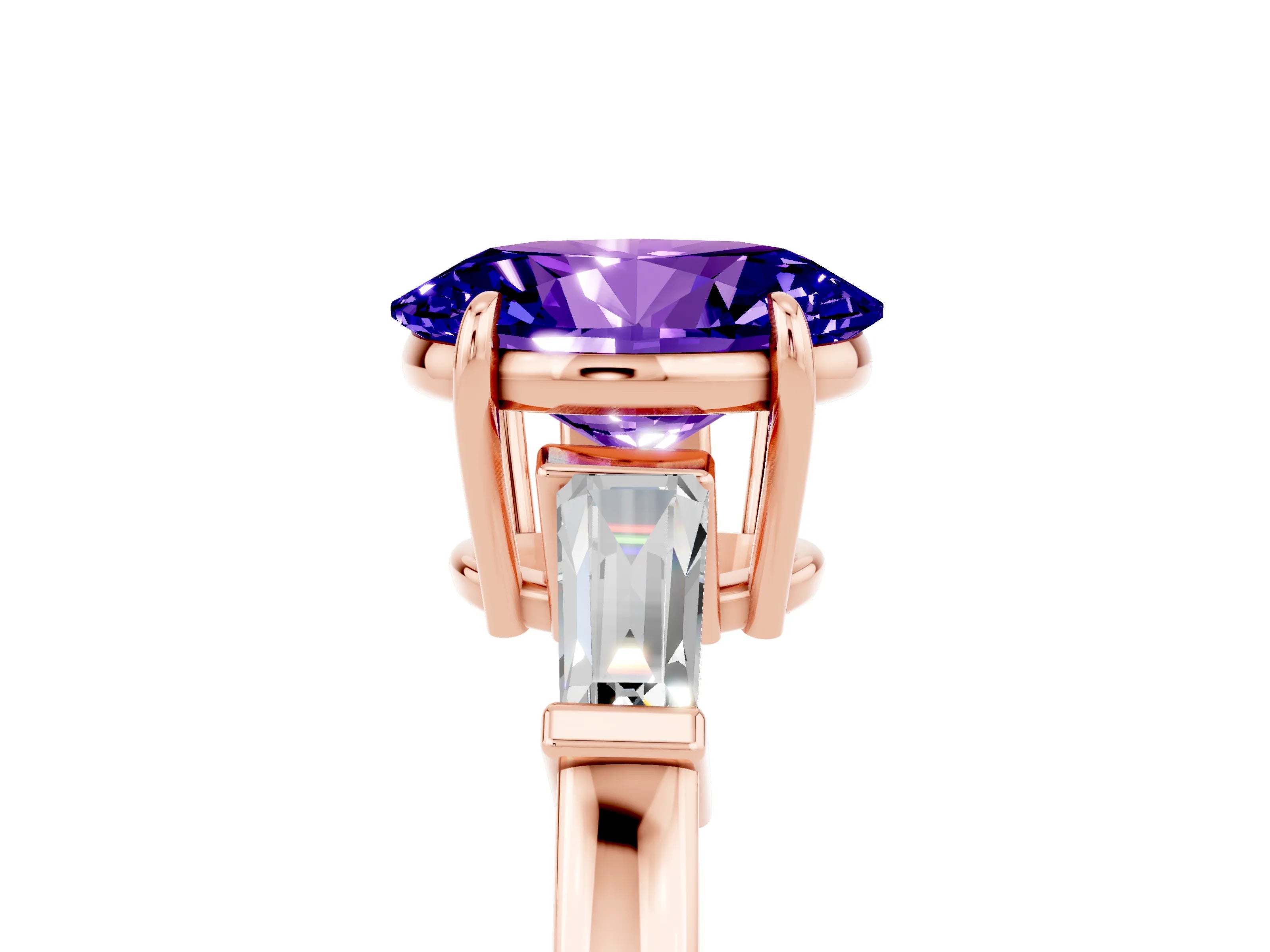 Rose gold Oval Cut Cut Diamond Ring with Tapered Baguette Side Stones in Four-Prong Setting_5