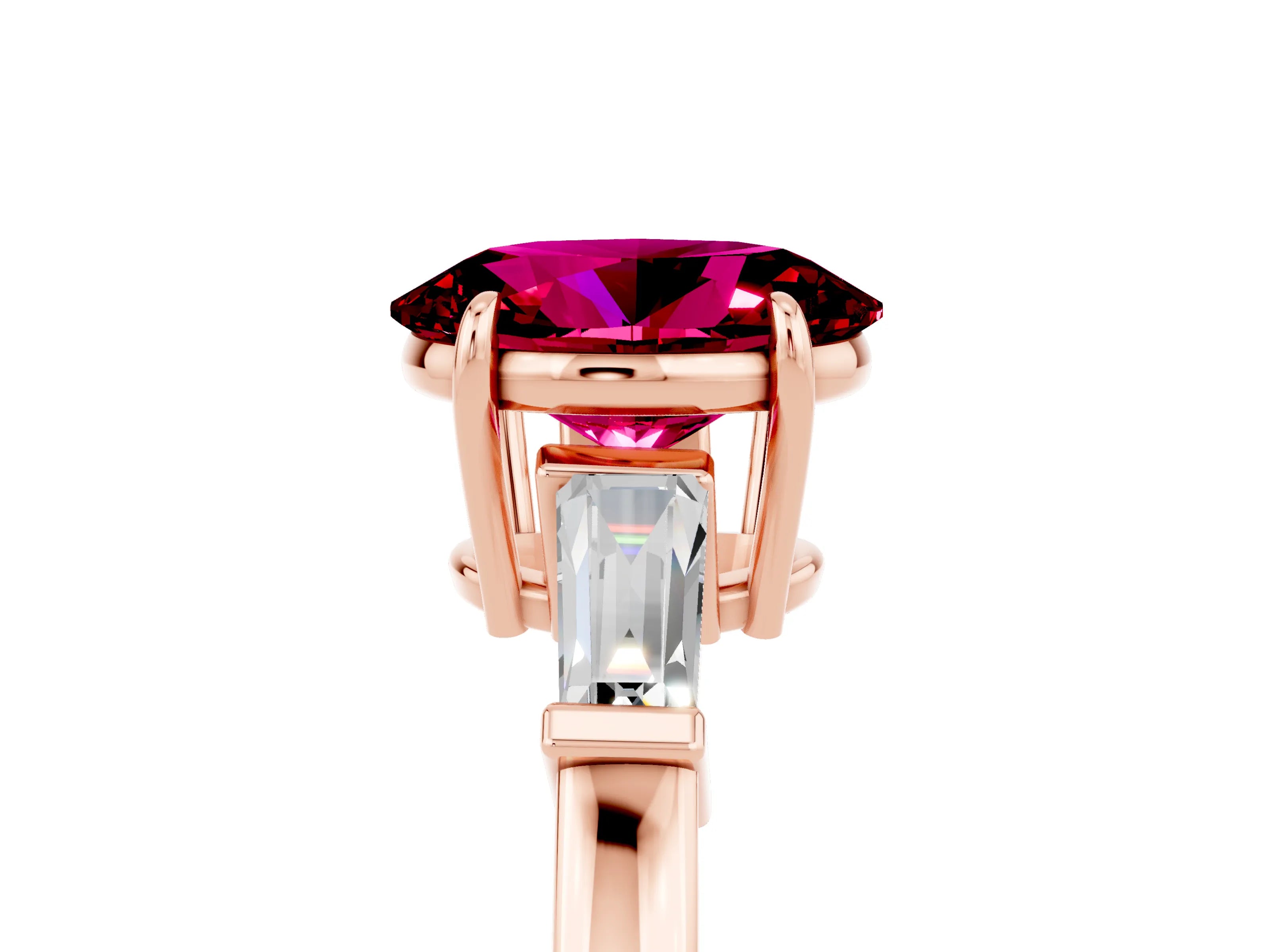 Rose gold Oval Cut Cut Diamond Ring with Tapered Baguette Side Stones in Four-Prong Setting_5