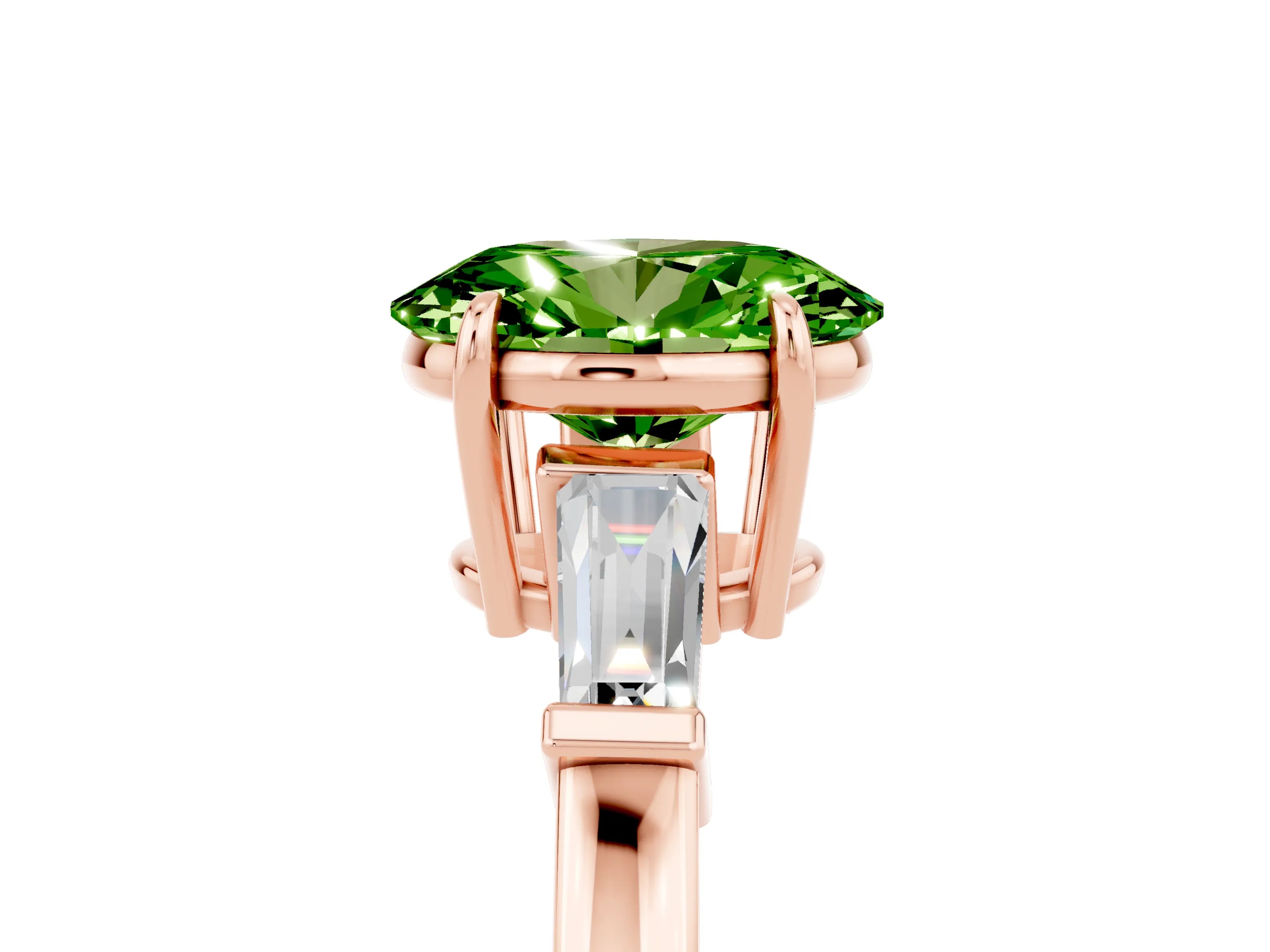 Rose gold Oval Cut Cut Diamond Ring with Tapered Baguette Side Stones in Four-Prong Setting_5