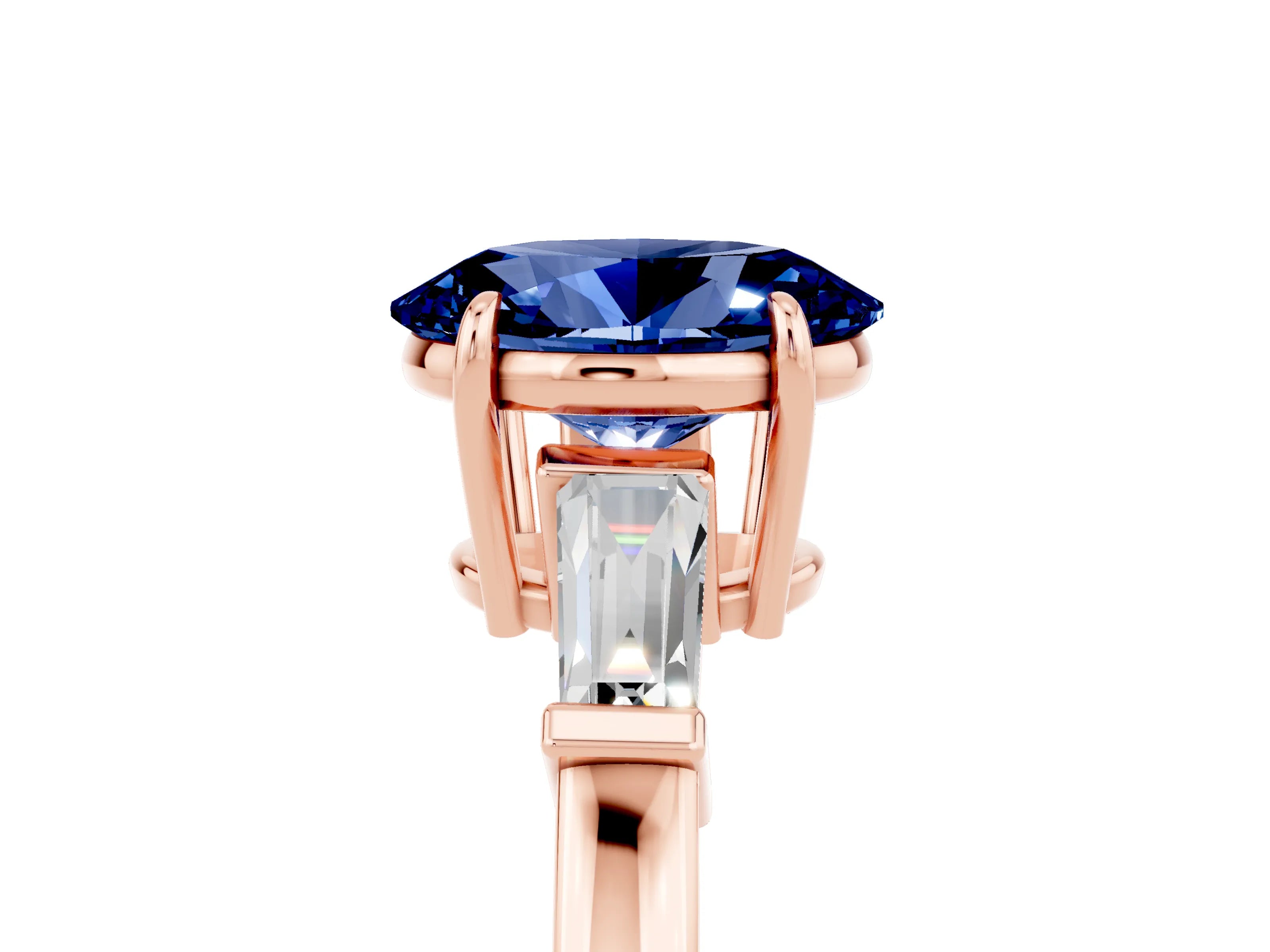 Rose gold Oval Cut Cut Diamond Ring with Tapered Baguette Side Stones in Four-Prong Setting_5