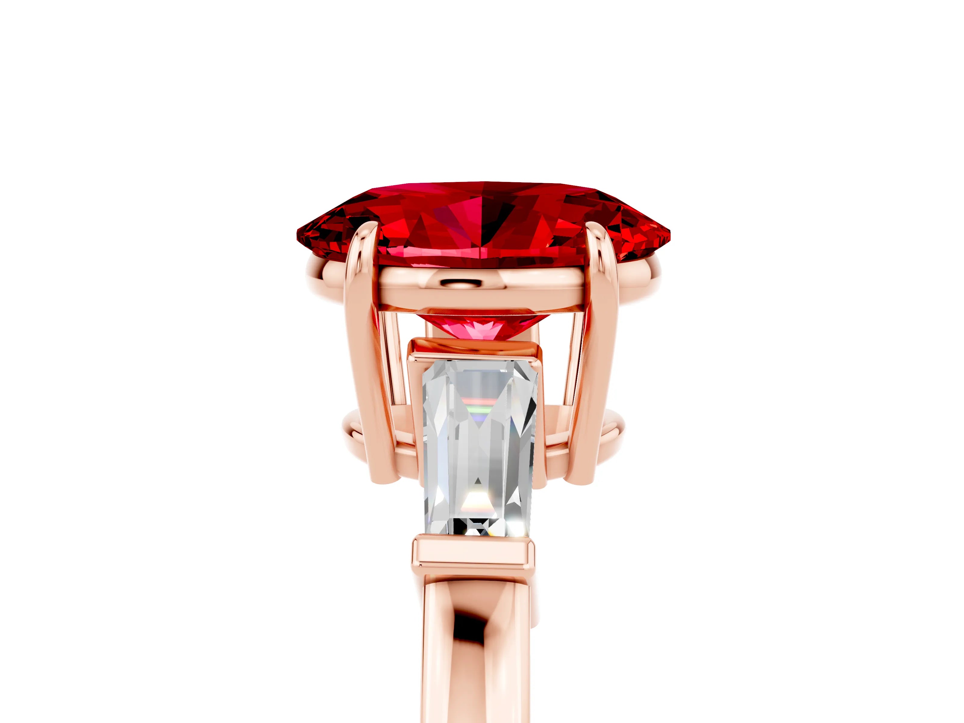Rose gold Oval Cut Cut Diamond Ring with Tapered Baguette Side Stones in Four-Prong Setting_5