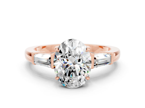 Rose gold Oval Cut Moissanite Three-Stone Ring with Tapered Baguette Side Stones and Prong Setting