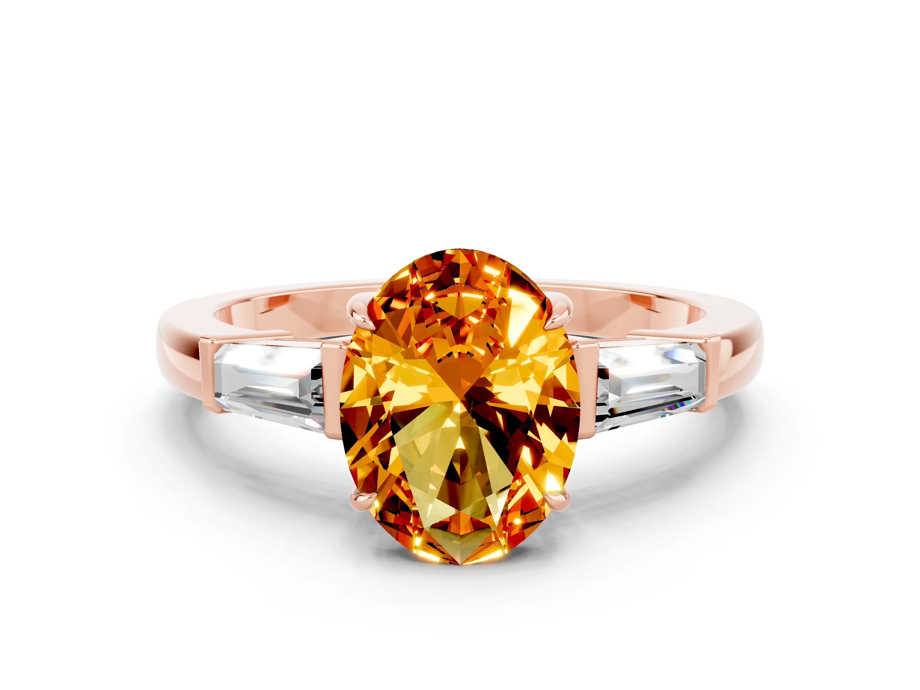 Rose gold Oval Cut Cut Diamond Ring with Tapered Baguette Side Stones in Four-Prong Setting