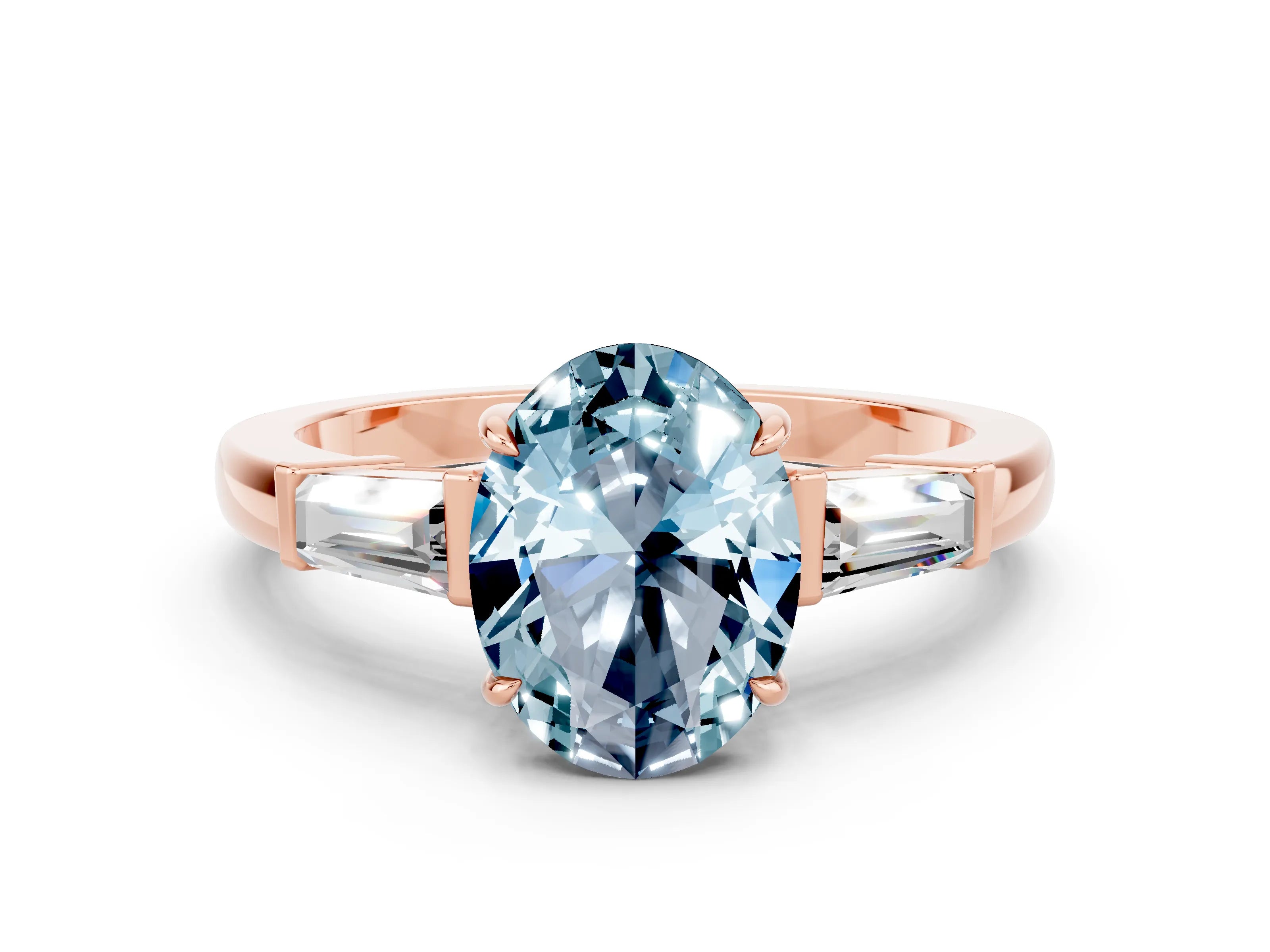 Rose gold Oval Cut Cut Diamond Ring with Tapered Baguette Side Stones in Four-Prong Setting