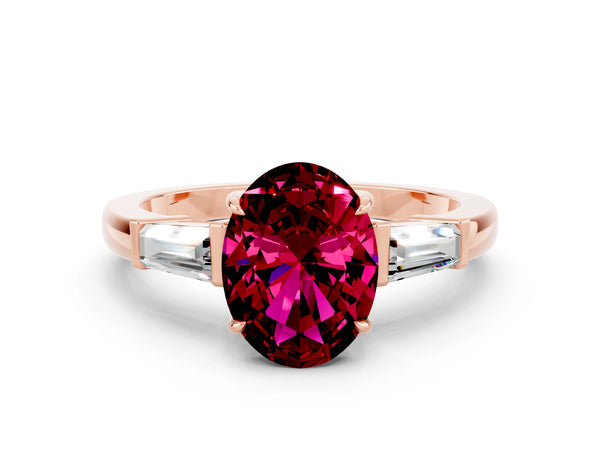 Rose gold Oval Cut Garnet Three-Stone Ring with Tapered Baguette Side Stones and Prong Setting