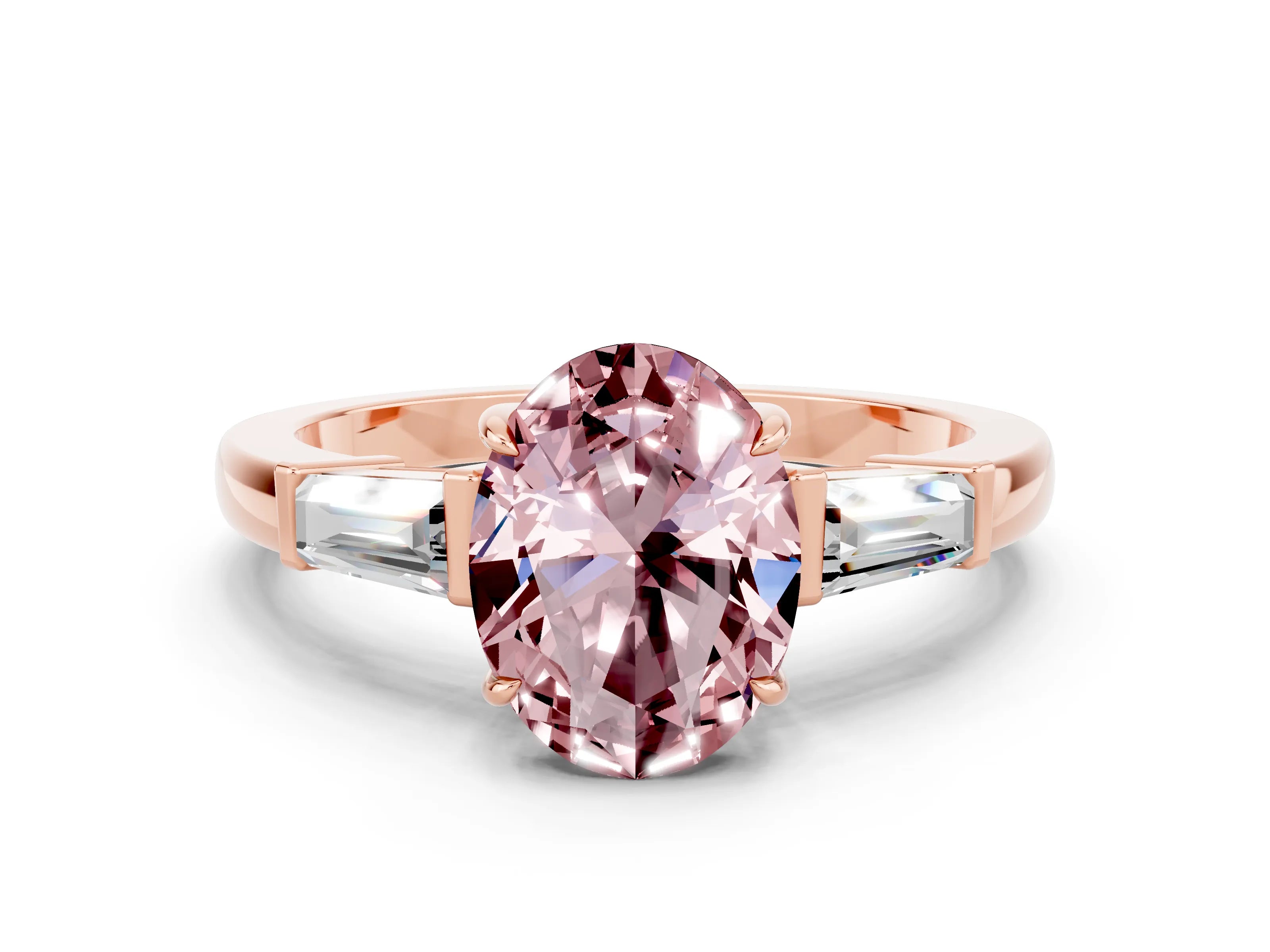 Rose gold Oval Cut Cut Diamond Ring with Tapered Baguette Side Stones in Four-Prong Setting