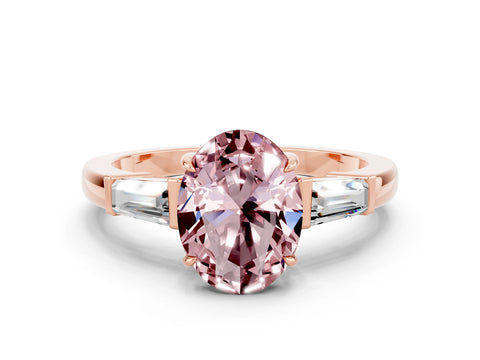 Rose gold Oval Cut Cut Diamond Ring with Tapered Baguette Side Stones in Four-Prong Setting