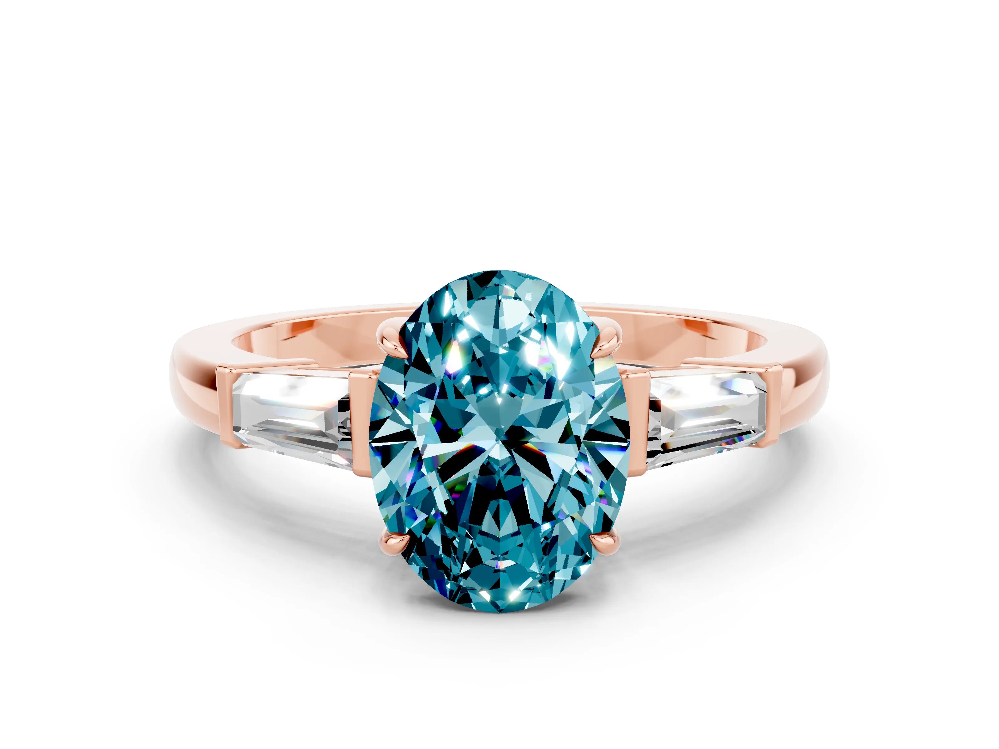 Rose gold Oval Cut Cut Diamond Ring with Tapered Baguette Side Stones in Four-Prong Setting