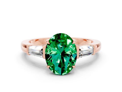 Rose gold Oval Cut Cut Diamond Ring with Tapered Baguette Side Stones in Four-Prong Setting