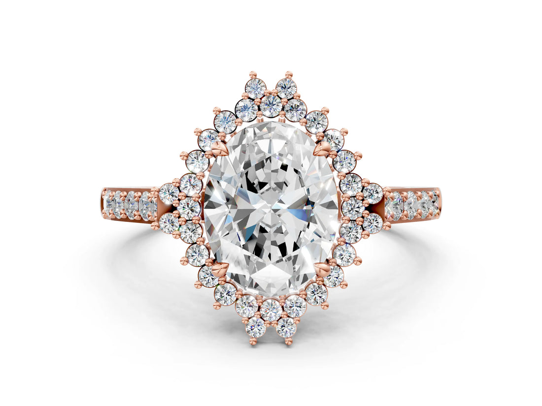 Rose gold Oval Cut Cut Diamond Sunburst Halo Engagement Ring with Pavé Band_3