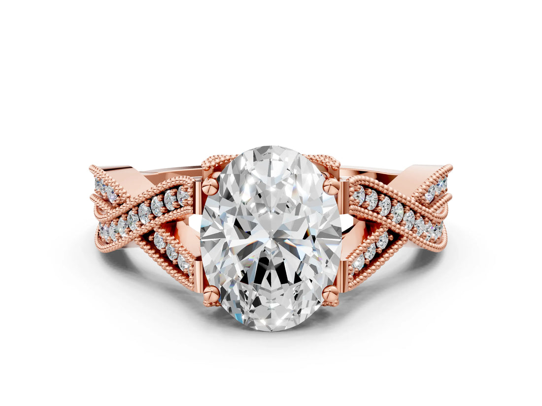 Rose gold Oval Cut Cut Diamond Twisted Band with Milgrain Pave Setting and Four-Prong Setting_2