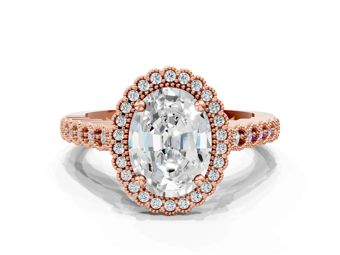 Rose gold Oval Cut Cut Halo Pavé Solitaire Ring with Milgrain Band_3