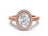 Rose gold Oval Cut Cut Halo Pavé Solitaire Ring with Milgrain Band_3