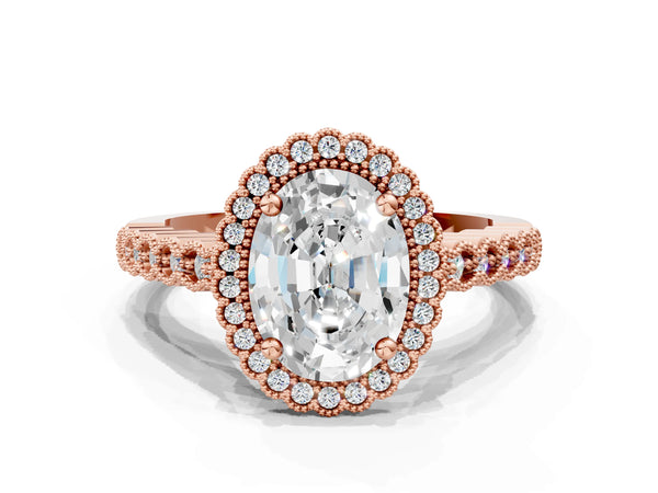 Rose Gold Oval Milgrain Halo Pave Engagement Ring Setting
