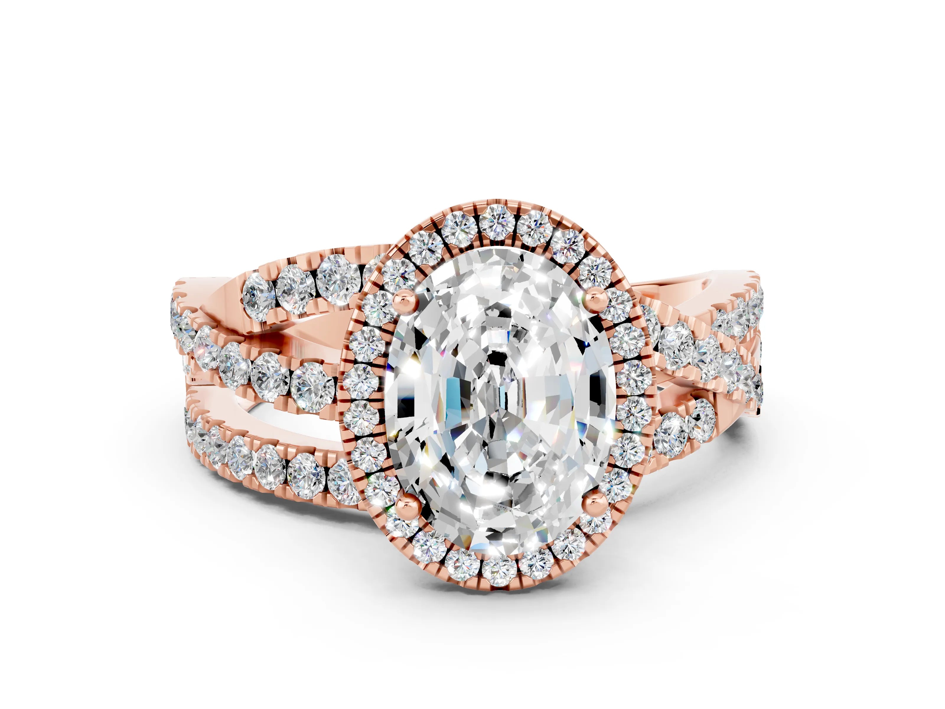 Rose gold Oval Cut Cut Halo Split Shank Prong Setting Ring