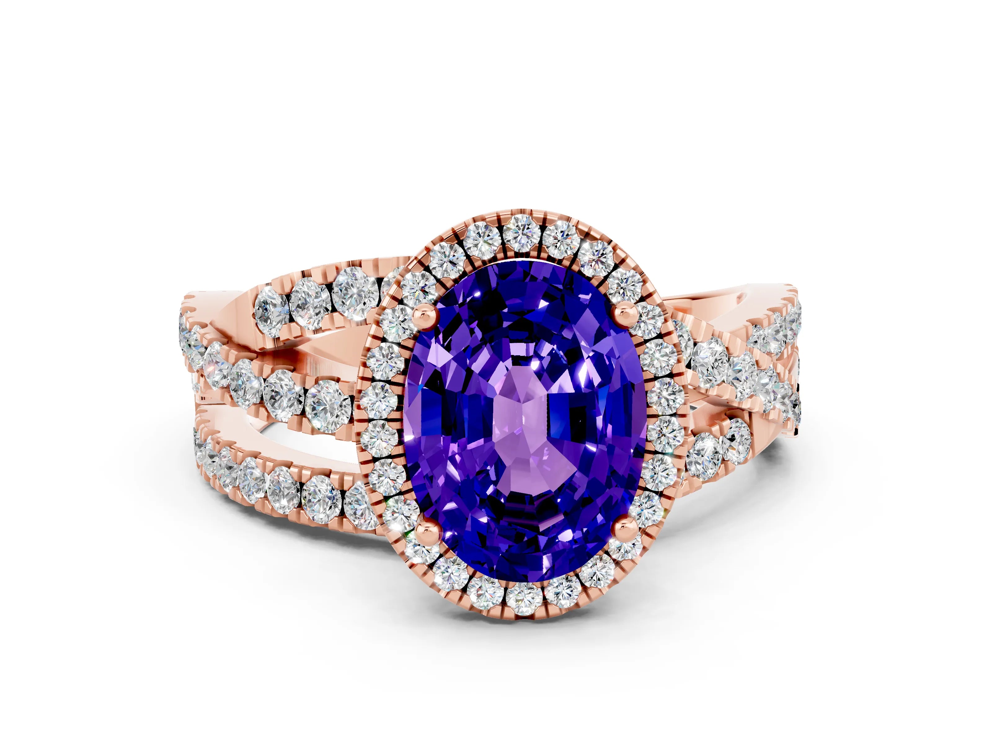 Rose gold Oval Cut Cut Halo Split Shank Prong Setting Ring