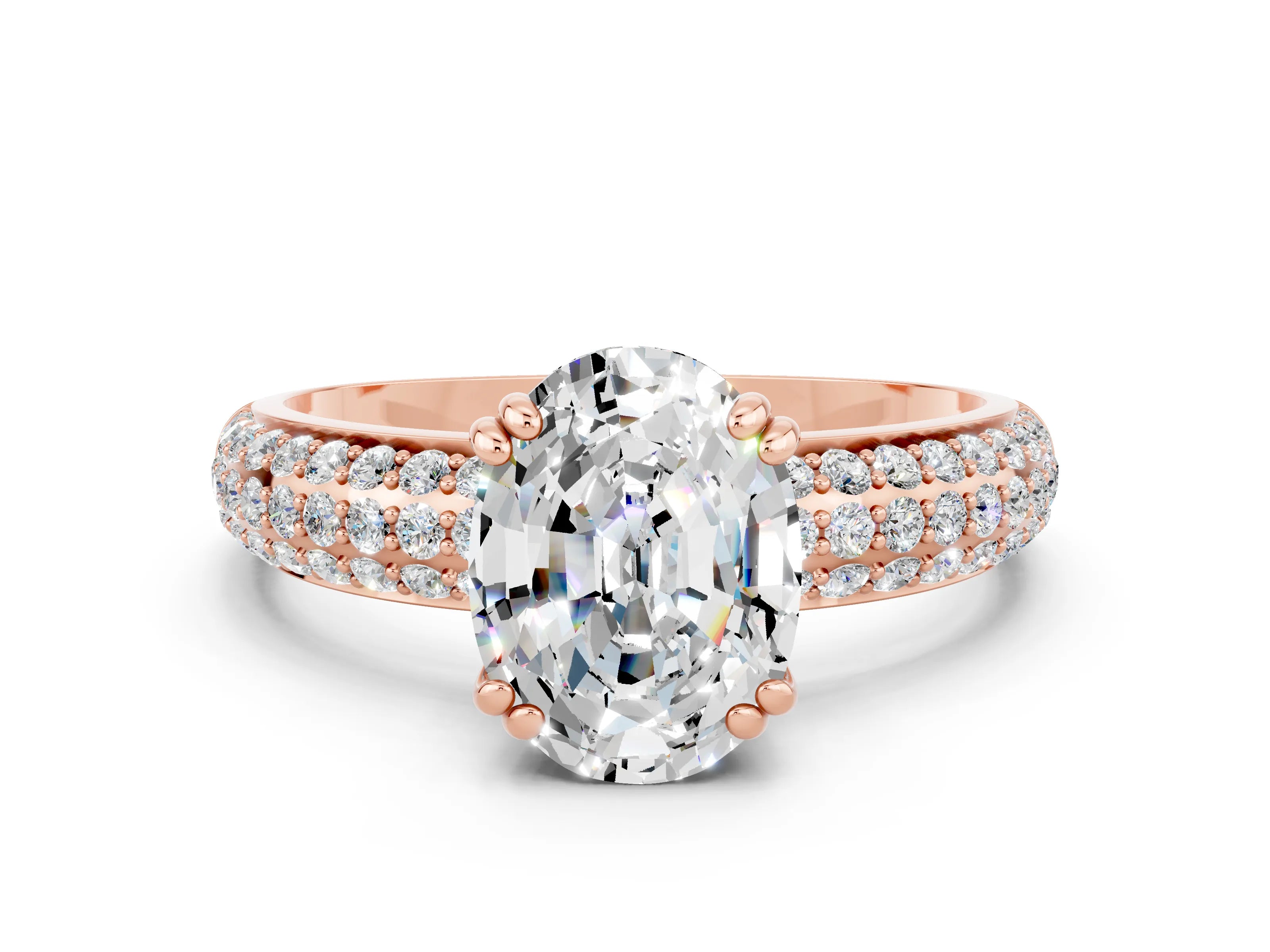 Rose gold Oval Cut Cut Pave Diamond Engagement Ring with Channel Set Band and Four-Prong Setting