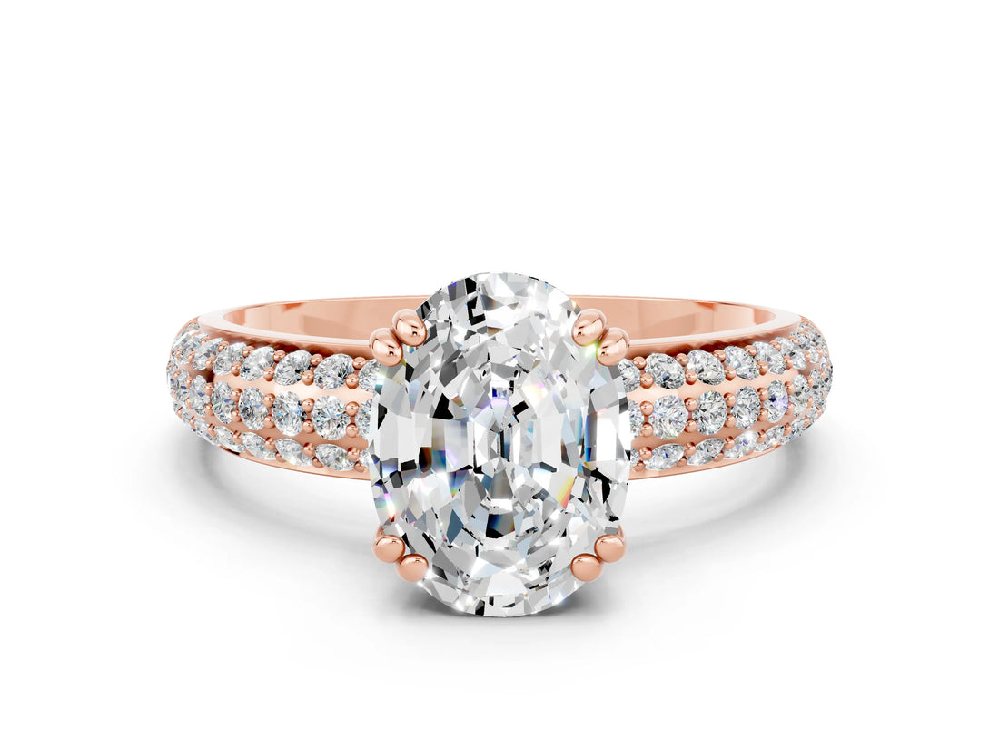 Rose gold Oval Cut Cut Pave Diamond Engagement Ring with Channel Set Band and Four-Prong Setting