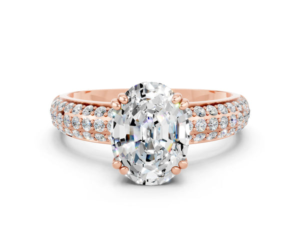 Rose gold Oval Cut Moissanite Solitaire Ring with Multi-Row Round Pavé Band and Prong Setting