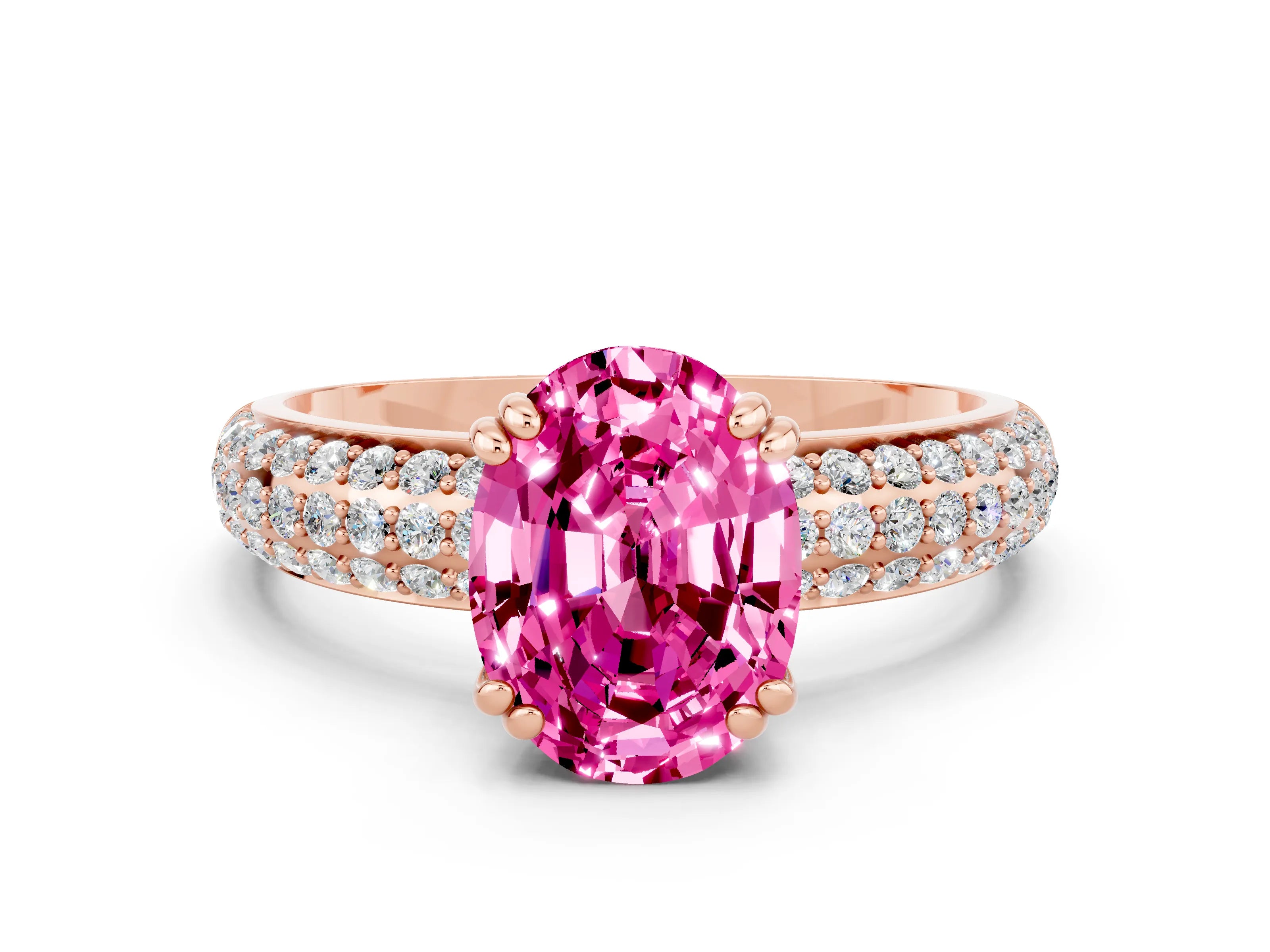 Rose gold Oval Cut Cut Pave Diamond Engagement Ring with Channel Set Band and Four-Prong Setting